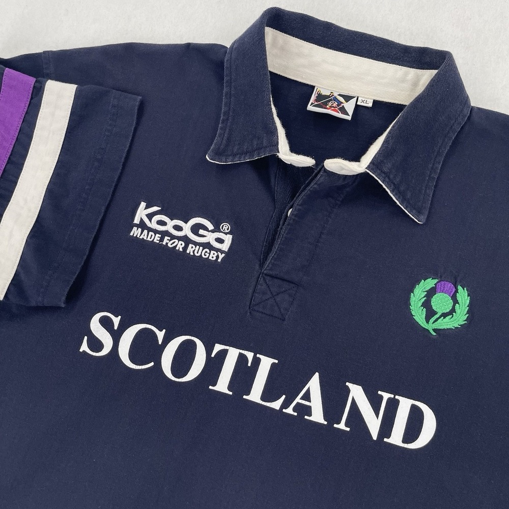 Vintage Kooga Scotland Rugby Polo Shirt Men's XL Navy Retro Embroidered Preppy